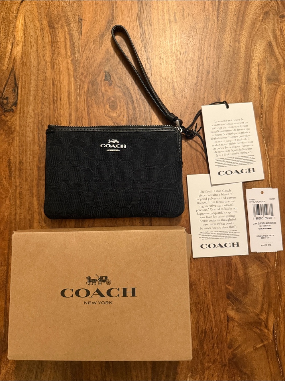 COACH Black Signature Jacquard wristlet - new with tags